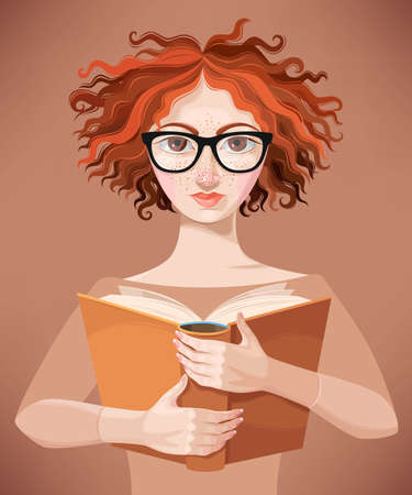 Girl with glasses reading a bookのイラスト素材