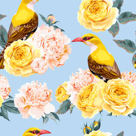 Roses and birds seamlessのイラスト素材