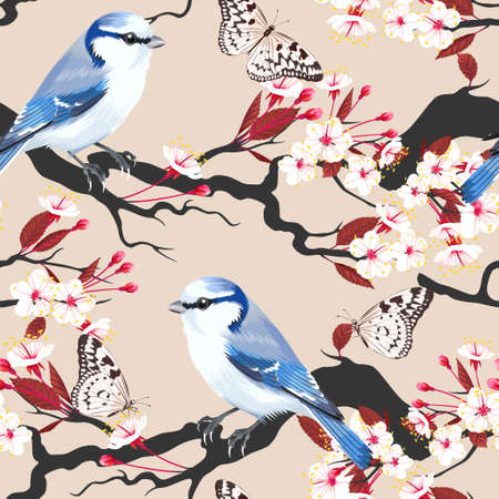 Bird on cherry branch seamlessのイラスト素材