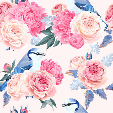 Flowers and birds seamlessのイラスト素材