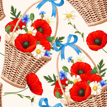 Basket with flowers seamlessのイラスト素材