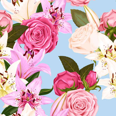 Seamless pattern with lilies and rosesのイラスト素材