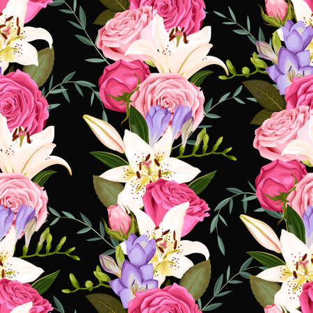 Seamless pattern with lilies and rosesのイラスト素材