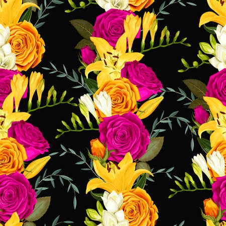 Seamless pattern with lilies and rosesのイラスト素材