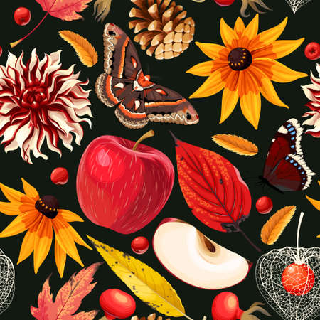 Autumn pattern with leaves and flowers.のイラスト素材