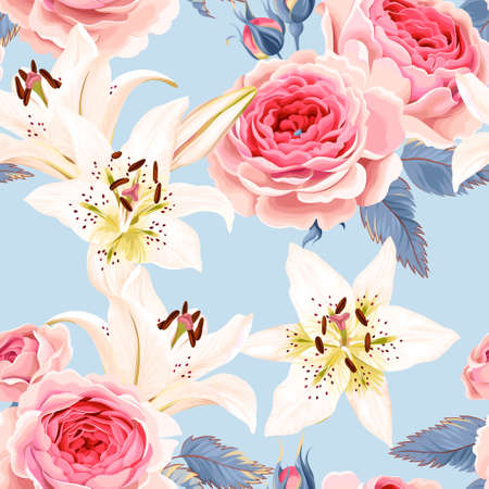 Roses and lilies seamlessのイラスト素材