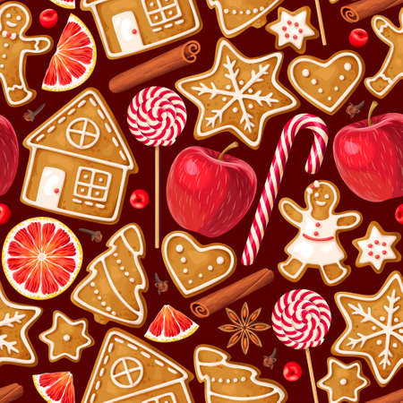 Winter seamless patterns with gingerbread cookiesのイラスト素材