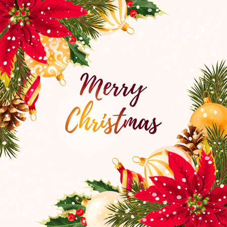 Merry Christmas greeting postcard with Christmas decorations and poinsettia.のイラスト素材