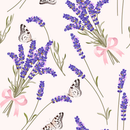 Lavender bouquets and butterflies vector seamless backgroundのイラスト素材