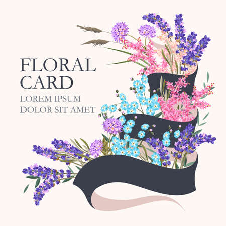 Vector greeting card with lavender and other flowersのイラスト素材