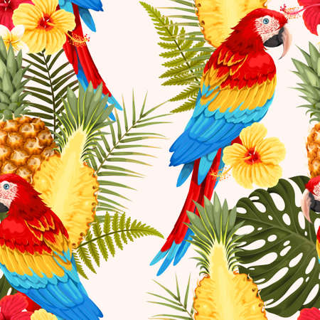 Seamless macaw, pineapple and flowers patternのイラスト素材