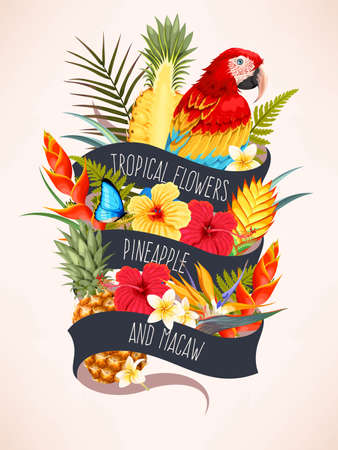 Vector card with macaw, fruits and tropical flowersのイラスト素材