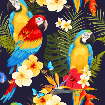 A Seamless macaw and flowers illustrationのイラスト素材