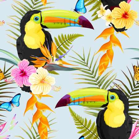 Toucans and hibiscus flowers vector seamless background