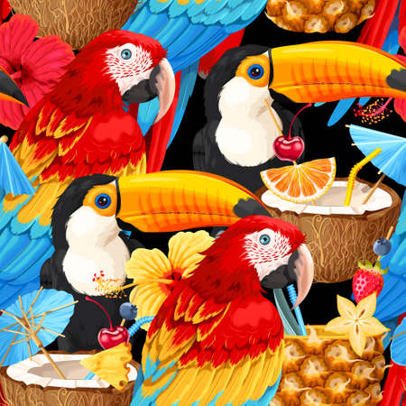 Macaw, toucan and tropical cocktailsのイラスト素材