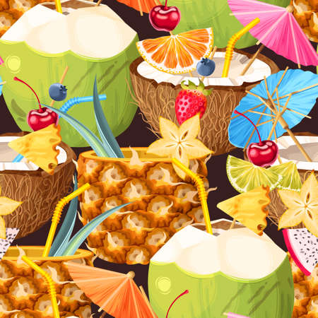Coconut cocktails and tropical fruits vector seamless backgroundのイラスト素材