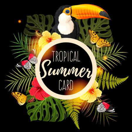 Vector summer card with palm leaves, toucan and hibiscus flowersのイラスト素材