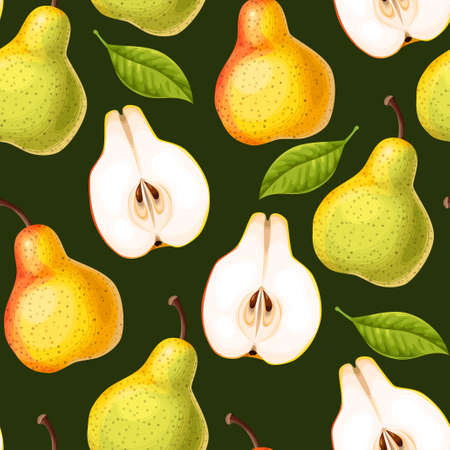 Seamless pattern with pears and leaves on dark backgroundのイラスト素材