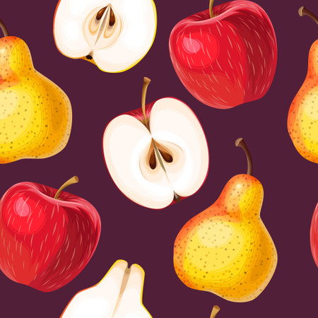 Apple and pear vector seamless pattern on dark background