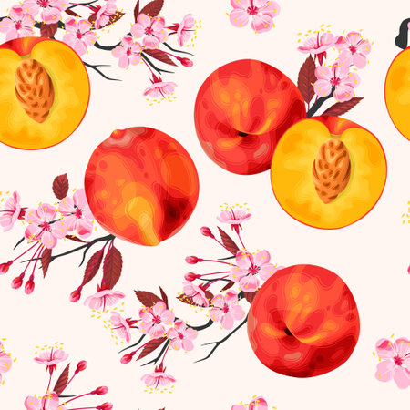Peach fruits and flowers vector seamless background