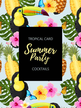 Vector summer card with palm leaves, toucans and hibiscus flowersのイラスト素材