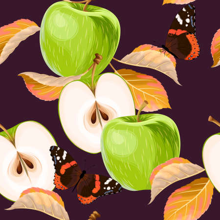 Vector seamless pattern with green apples and leaves on dark backgroundのイラスト素材