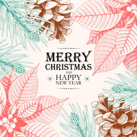 Vector christmas card with holly and pine conesのイラスト素材