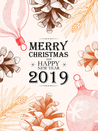 Vector christmas card with holly and pine conesのイラスト素材