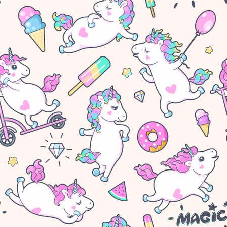 Vector seamless pattern with cute little unicorns and balloonsのイラスト素材