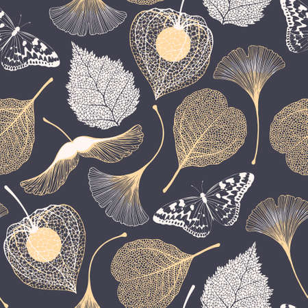 Seamless floral pattern with ginkgo biloba leaves, butterflies and maple seeds. Vector elegant backgroundのイラスト素材