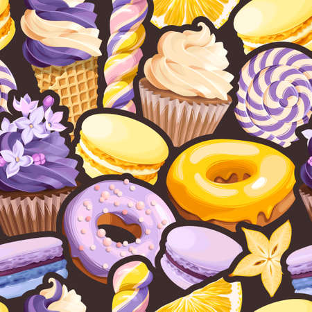 Sweet macarons, cupcakes and donuts vector seamless backgroundのイラスト素材