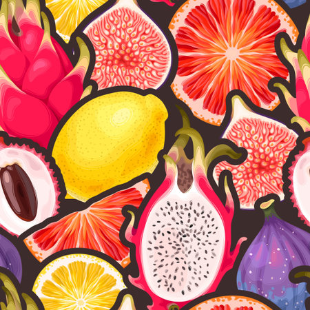 Seamless vector pattern with tropical fruit on dark backgroundのイラスト素材