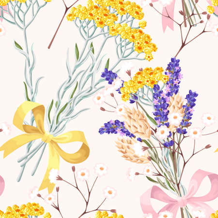 Pastel vector seamless pattern with bouquet of dried flowers on white backgroundのイラスト素材