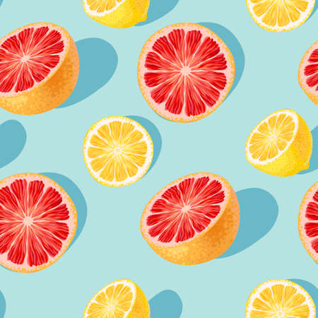 Vector seamless pattern with grapefruit and lemon on blue backgroundのイラスト素材
