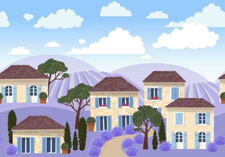 Vector seamless border with white french housesのイラスト素材
