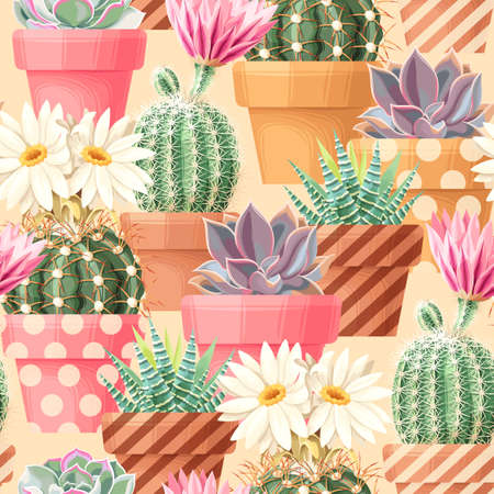 High detail succulent and cactus vector seamless pattern on biege backgroundのイラスト素材