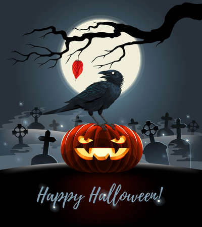Vector card with evil pumpkin with raven on itのイラスト素材