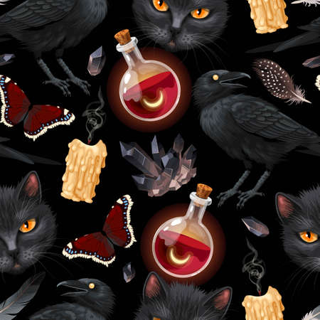 Seamless pattern with raven and black catのイラスト素材