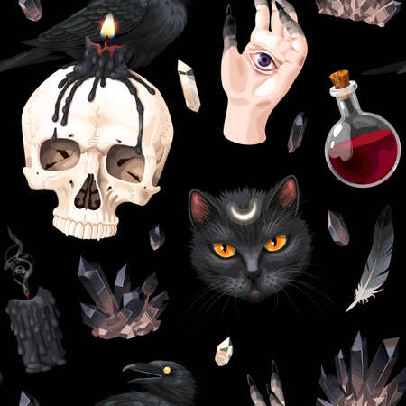 Seamless pattern with raven and human skullのイラスト素材