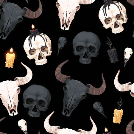 Vector seamless pattern with skull and candleのイラスト素材