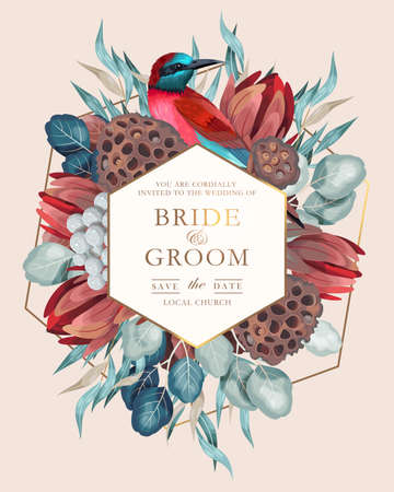 Vector vintage card with flowers and birdのイラスト素材