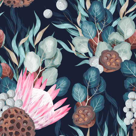Vector seamless pattern with protea and greeneryのイラスト素材