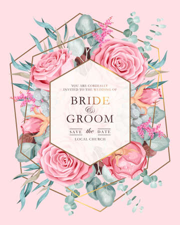 Vector wedding invitation with vintage pink rosesのイラスト素材