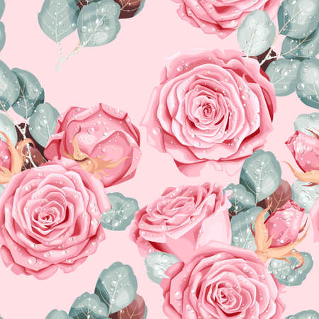 Vintage vector seamless pattern with pink rosesのイラスト素材