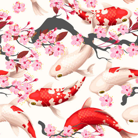 Seamless vector pattern with koi fish and sakuraのイラスト素材