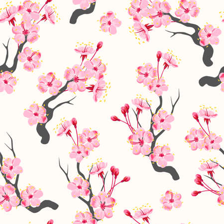 Vector seamless pattern with pink sakura branchのイラスト素材