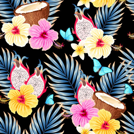Seamless vector pattern with fruits and flowers