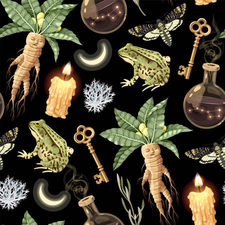 Seamless magic pattern with supply for witchcraftのイラスト素材
