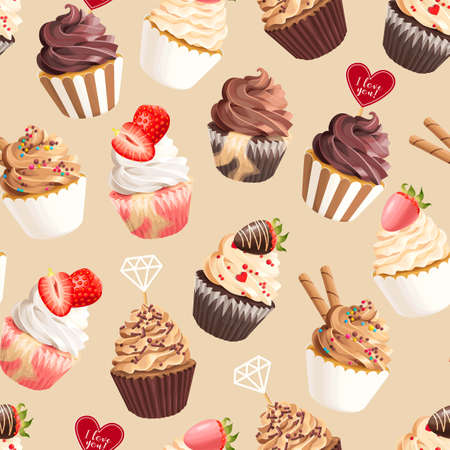 Seamless vector pattern with pastel pink cupcakesのイラスト素材