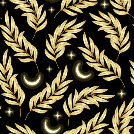 Vector seamless pattern with golden leaf ans moonのイラスト素材